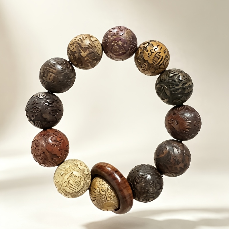 TEMU 1pc Handcrafted 20mm Diameter Bead Carved Flower S, Pure Handmade, 12 Zodiac Signs Engraved On Beads, Unisex Chinese Style Bead Jewelry