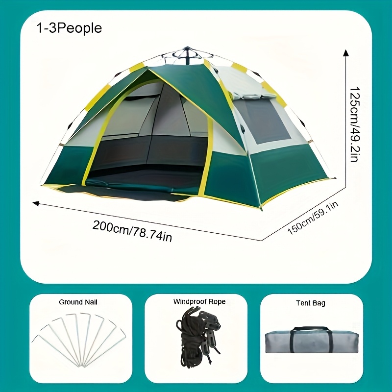 TEMU Automatic Instant Setup Camping Tent - 1-3/3-4 Person Tent With Dual Doors And Mesh Windows, Windproof Lightweight Green/ For Camping, Hiking, Hunting, Travel, Outdoor Shelter, Campers Additions