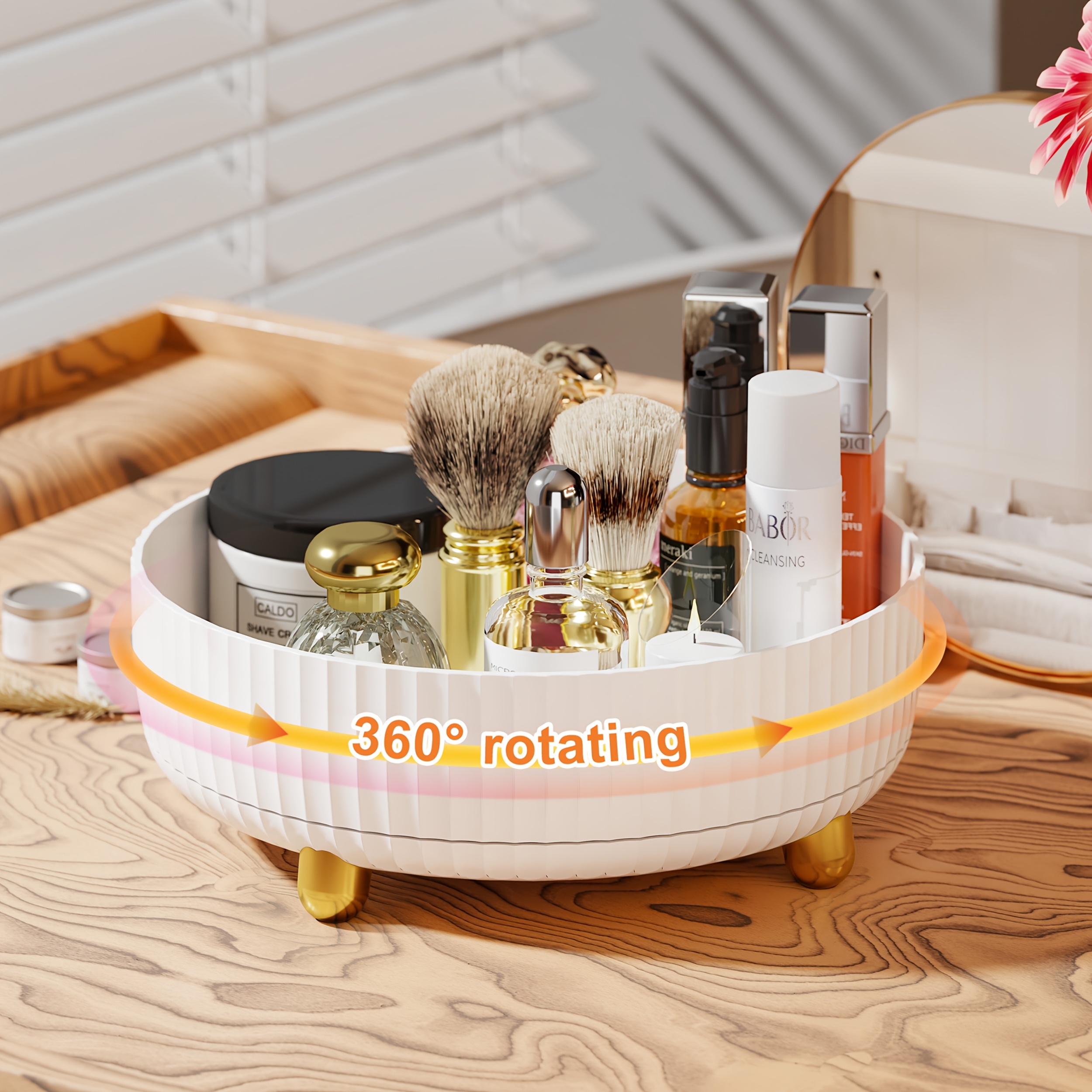 1pc Large Capacity 360-degree Rotating Makeup And Perfume Organizer - Sleek Vanity Storage Tray With Golden Accents, Ribbed For Stability, No , Vanity Tray