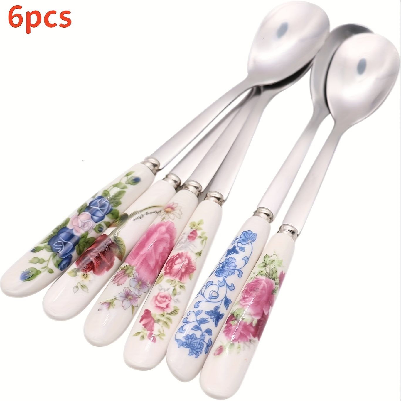 

6pcs, 6pcs Set Of Elegant Tableware Stainless Spoon, Dessert Spoon, Ceramic Handle - Suitable For Sugar, Ice Cream, Soup And Other Kitchen And Restaurant Use