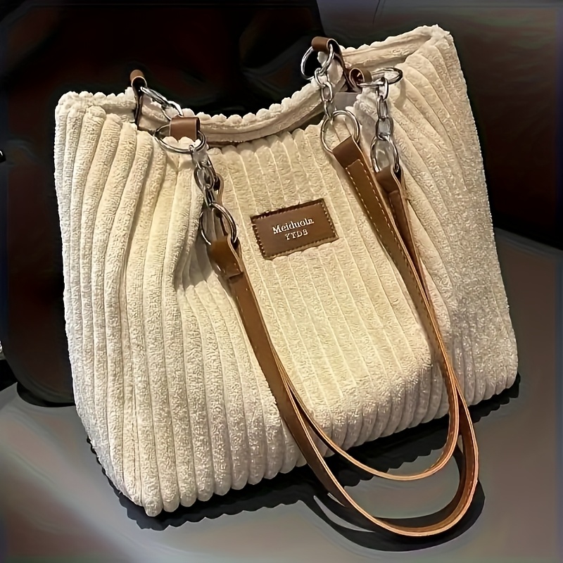 E-shop Casual Cord-Schultertasche mit verstellbarem Schultergurt, leichter Polyesterfutter, Verschluss und gestreiftem Muster – handwaschbar, stilvoll