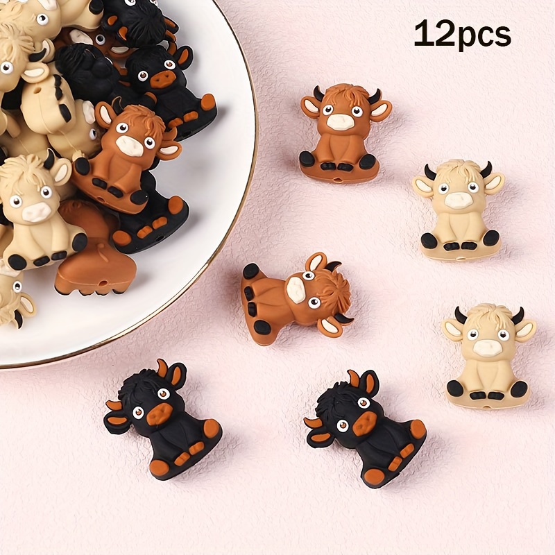 

12pcs 3d Silicone Highland Cow Themed Design Silicone Focus Beads Diy Jewelry, Beaded Pens, Key Chains, Necklaces And Craft Decorations