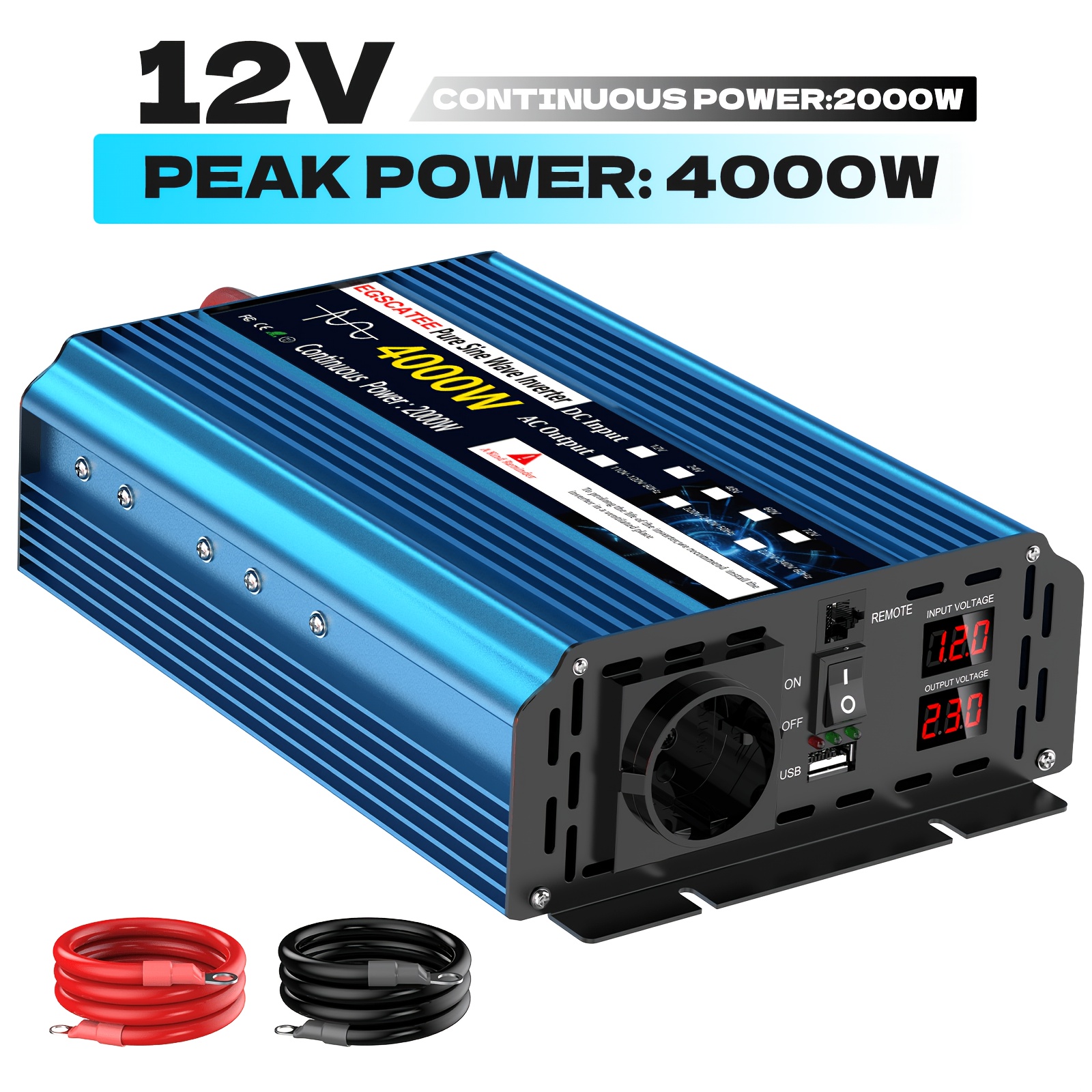 Image of 2000w 4000w Power Inverter Pure Sine Wave 12v 24v To Ac 220v 230v Inverter Backup Power Transformer With Ac Socket Lcd Display Wired Remote Control Switch For Rv Outdoor Camping