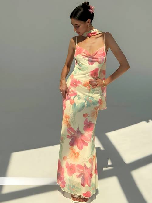 floral dress floral mesh print backless draped collar dress with extra long shoulder straps bohemian style womens clothing fashion apparel holiday wear womens vacation wear wear street style