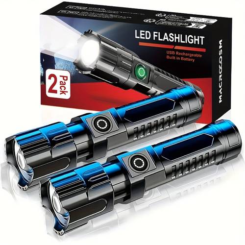 2 pack led flashlights usb rechargeable torch for camping fishing walking running hiking work light portable multifunctional emergency lamp 36v or below voltage rechargeable battery no wireless communication