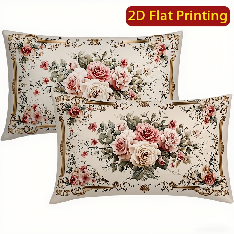 TEMU Juego de 2 fundas de almohada lumbares de poliéster con estampado floral europeo, fundas de cojín con romántico de rosas, decorativo exquisito,