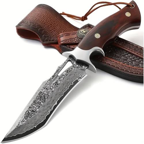 1pc damascus fixed blade knife with wooden handle and leather sheath for easy portability and fast cutting
