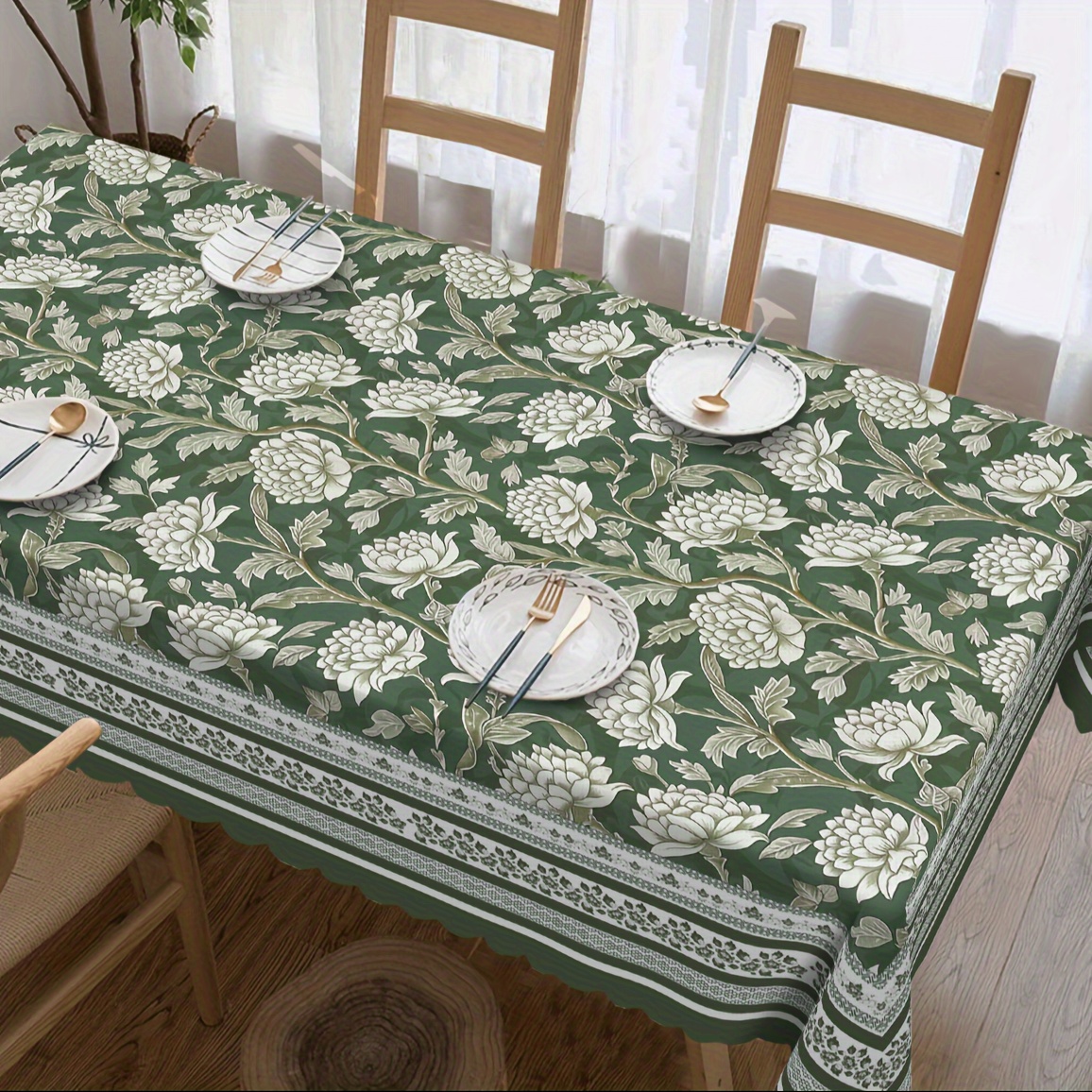 TEMU 1pc White Indian Floral & Turquoise Green Tablecloth - Farmhouse Retro Rectangular Table Suitable For Indoor/outdoor Use, - Machine-made Fabric,