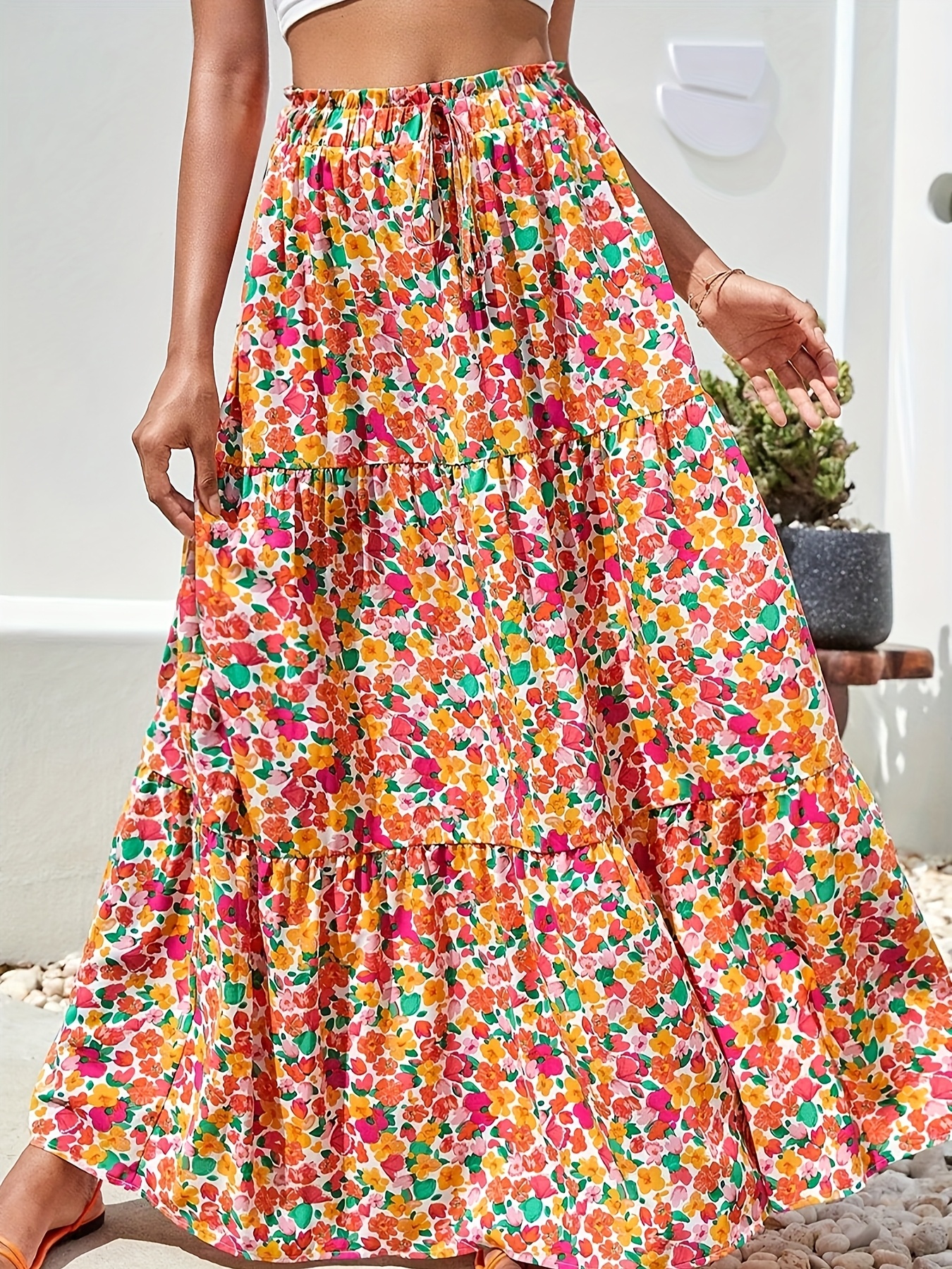 1pc bohemian floral print tiered maxi skirt 100 polyester Temu