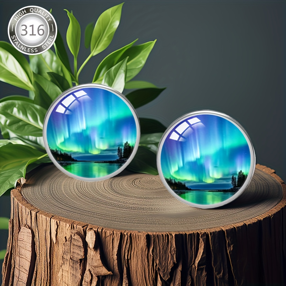 A Pair Of Elegant Earrings Featuring Abstract In Blue And Scenery, Made From Hypoallergenic Steel With Embedded Convex Glass, Suitable For Everyday Wear, Parties, And Vacations, Perfect As A Gift