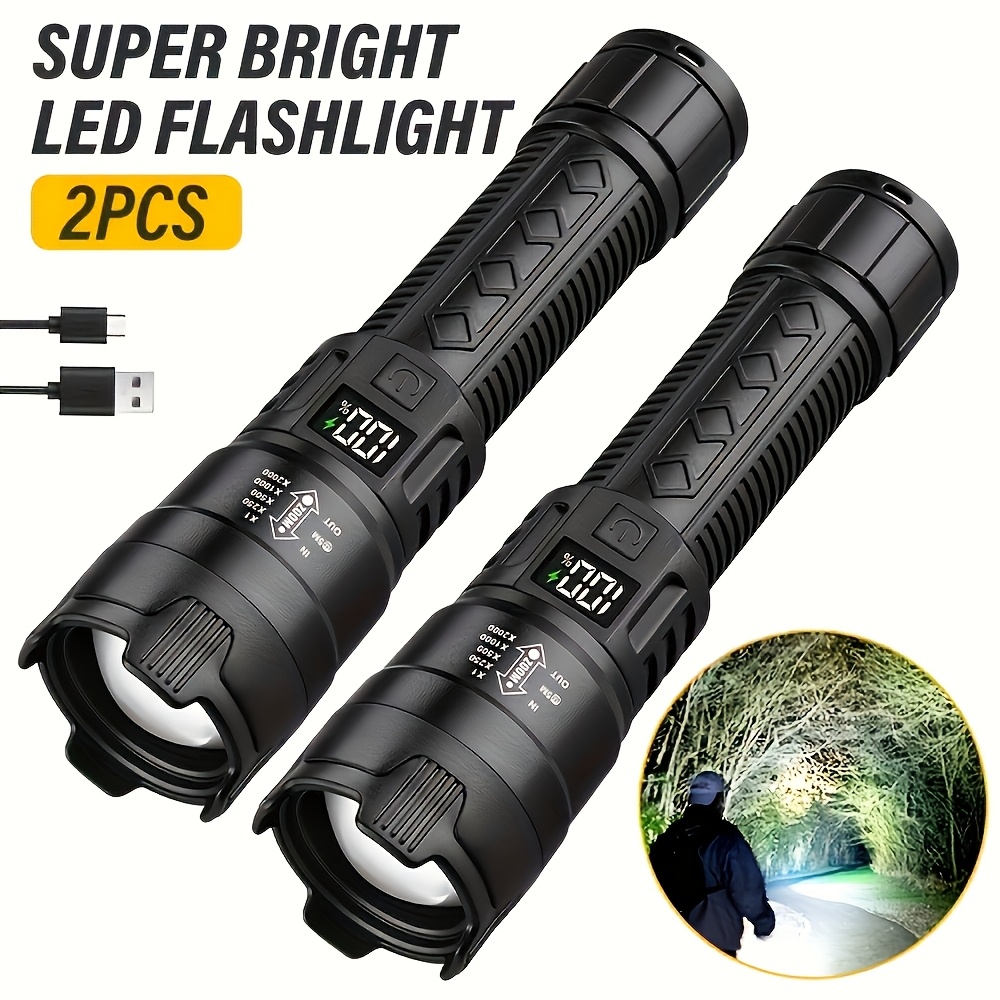 2pcs rechargeable flashlight   led adjustable focus flashlight high   3 light   multifunctional flashlight for camping hiking emergency hunting   abs material set   data cable with exquisite  