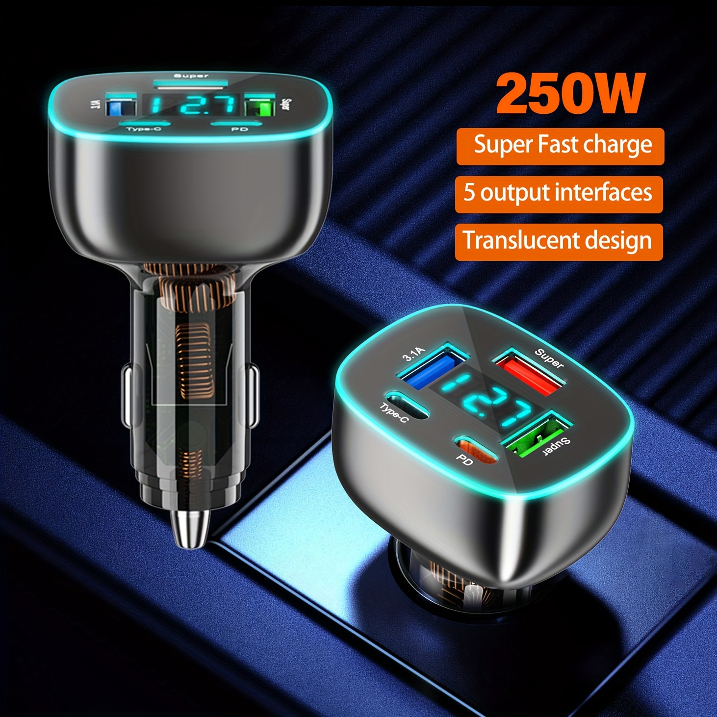

Chargeur de Voiture Super Rapide 250W avec 5A Pd & USB - Adaptateur Universel 12V-32V pour Voitures et Camions, Design Translucide avec Affichage de Tension en Temps Réel.