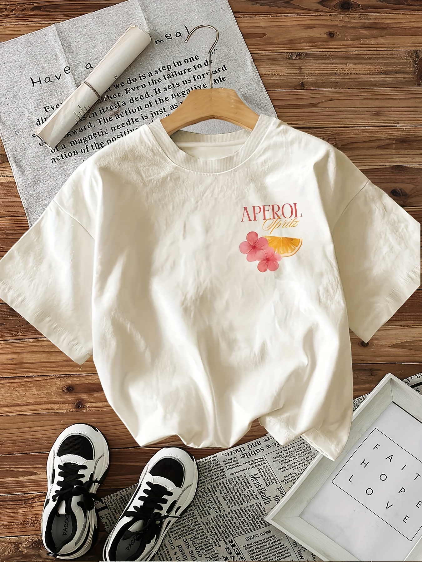 Illustration Style Cocktail Aperol Letter Print T-Shirt, Loose Casual Round Neck Top for Women.