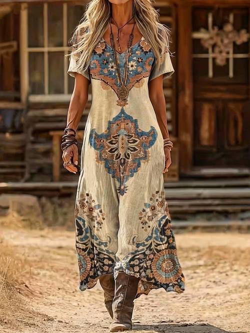 robe femme imprimée coupe a - pour et tenue décontractée, pour printemps/été/automne, occasions quotidiennes et formelles, robe décontractée à col avec imprimé intégral
