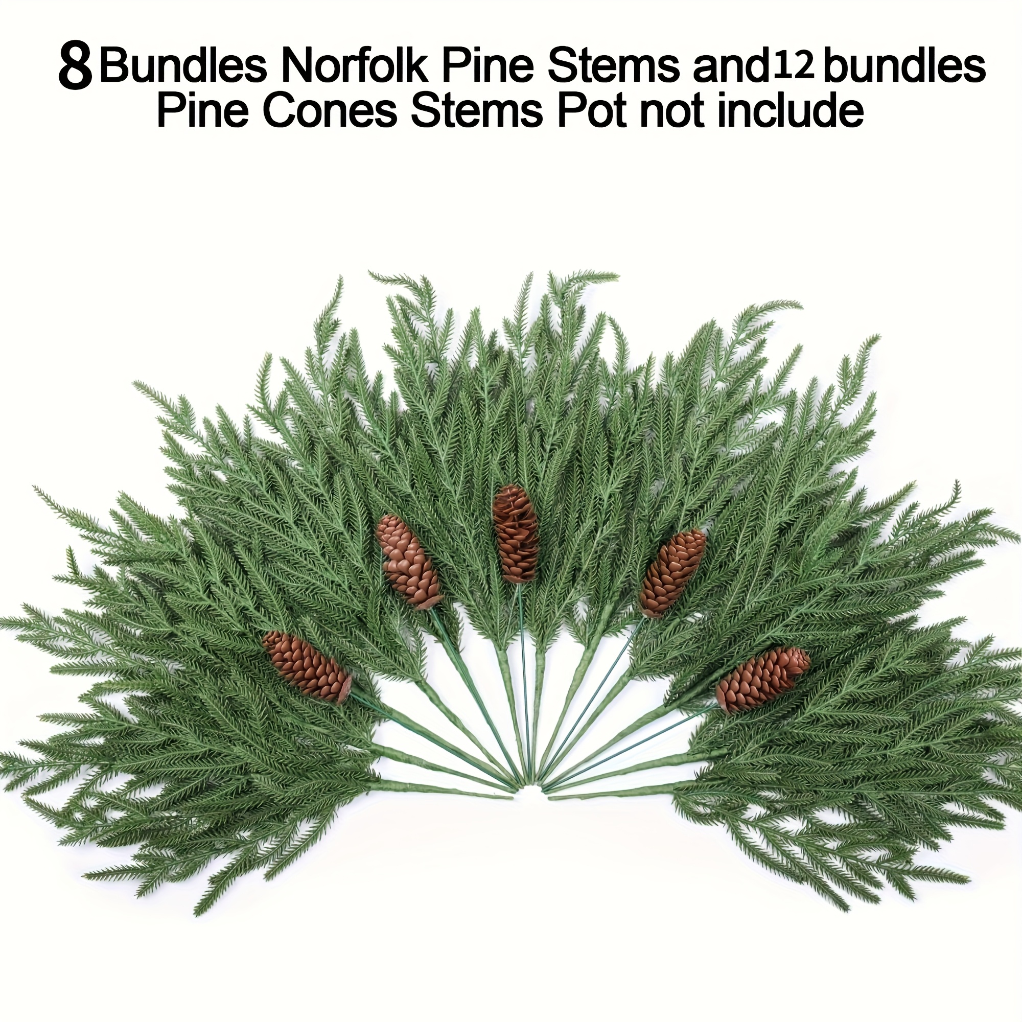 TEMU 20pcs Christmas Norfolk Pine Stems, Real Touch 17 Inches Artificial Norfolk Pine Branches With 12 Big Stems Faux Diy Greenery Pine Picks Plastic