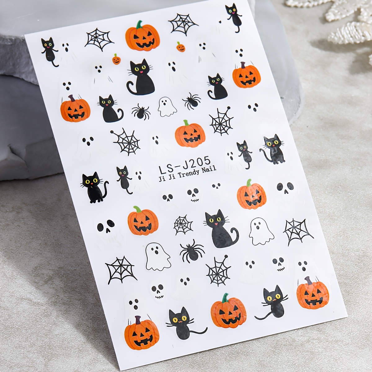 TEMU Adesivi per unghie di Halloween, design con fantasmi, zucche e ragnatele dei animati, decalcomanie termotrasferibili a tema Halloween e ,