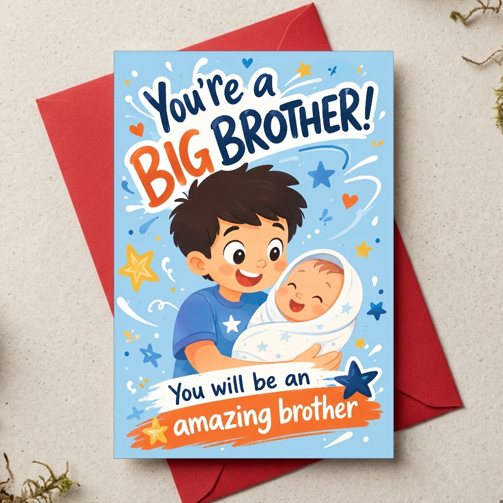 TEMU New For Big Brother Congratulation Greeting Card, Cute Cartoon Style, Colorful Design, For Big Brother, Young Boy, Child, Perfect For New Baby