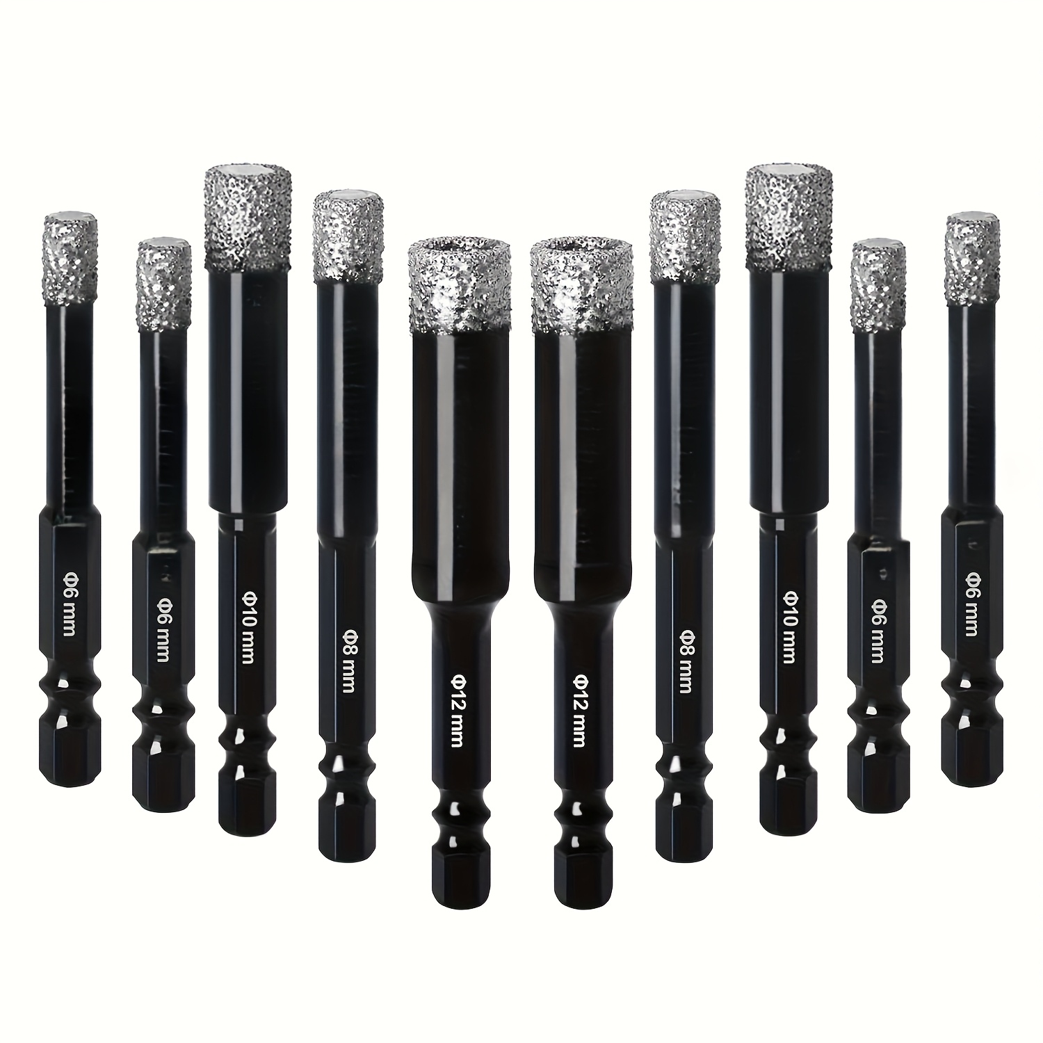 10pcss Dry Drill Bit Set, 10pcss Diamond Core Drill Bits For Tile, Ceramic, Marble, Granite, Glass, Brick, Stone, 1/4 Hex Shank Sizes 6, 8, 10, 12mm, Vanadium Material, Cylindrical, & Scientific Use