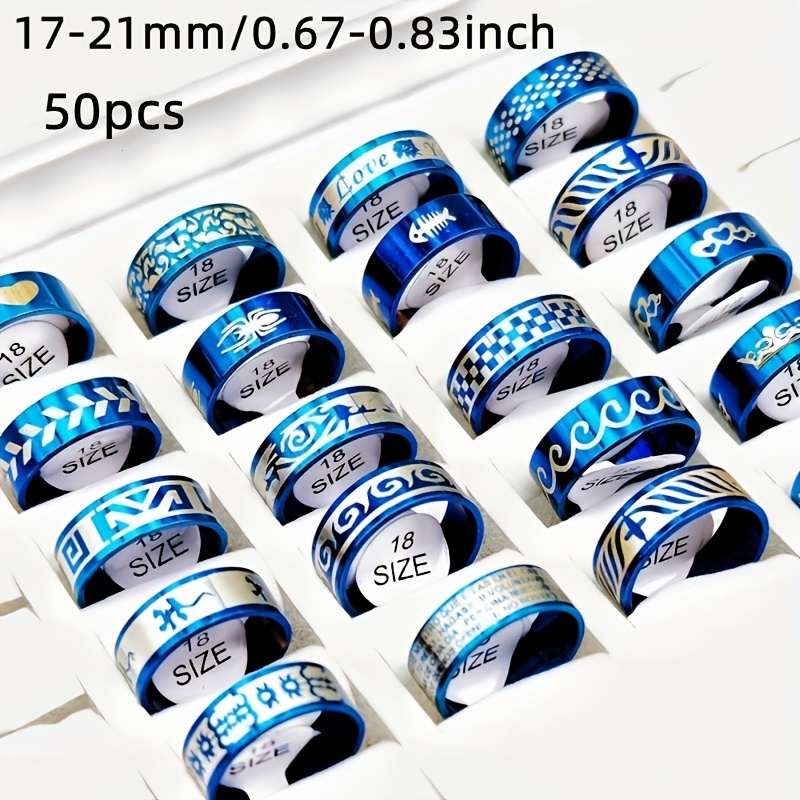 E-shop Großhandel 50 Stück/Set Schmuckset für Männer und Frauen, Laser-gravierte Edelstahlringe in Blau, Größen 17mm-21mm, Gemischte Stile,