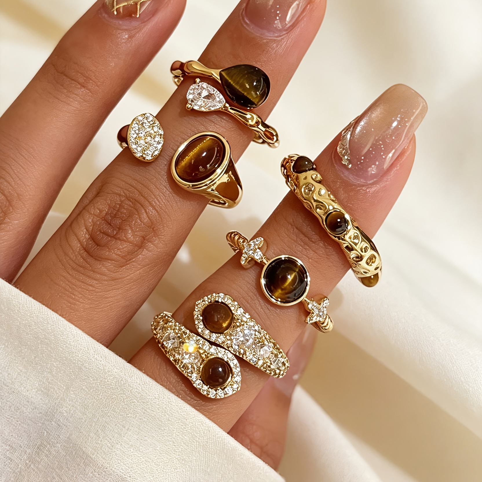 TEMU 5pcs Set Metallic Set Retro Elegant Autumn Gemstone Stone Brown Pave Rhinestone Ring Set Gift Vacation Daily Matching Ring Set
