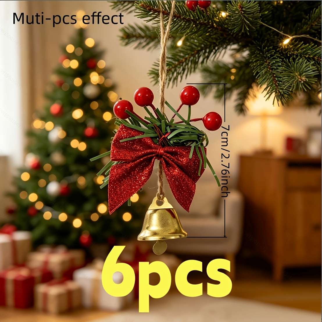 TEMU 6pcs Luxury Handmade Christmas Ornaments, Featuring A Shiny Golden Christmas Bell Hanging Below , Complemented By 4 Round Red Berries, Christmas
