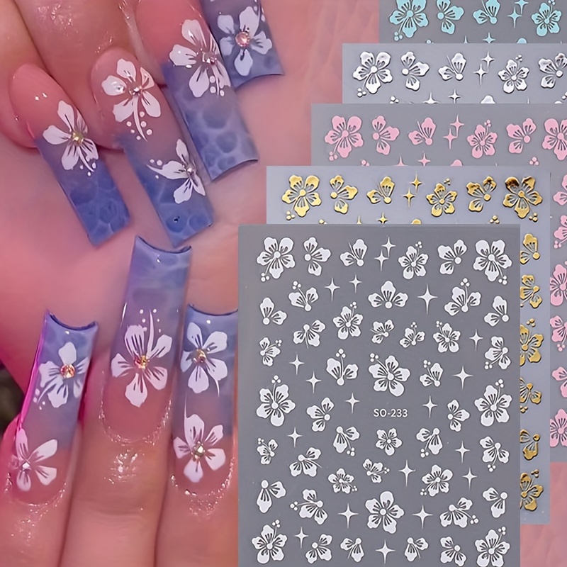 

6pcs Hibiscus Flower Nail Art Stickers, Self-adhesive Plastic Nail Decals, , Glitter , Theme, Rectangle Shape, Single Use, For Nail Salon Decor & Diy Nail Art Supplies For Women And Girls