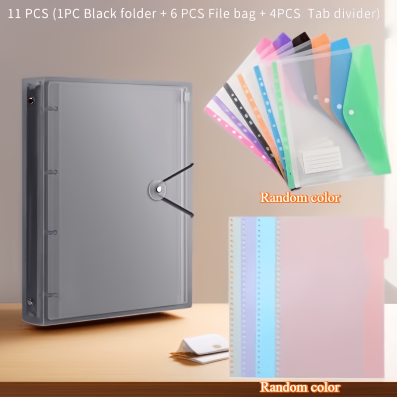 TEMU Ensemble de 11 pièces : 1 Classeur robuste en PP coloré format A4 + 6 Pochettes de classement extensibles grande capacité 11 trous format A4 de