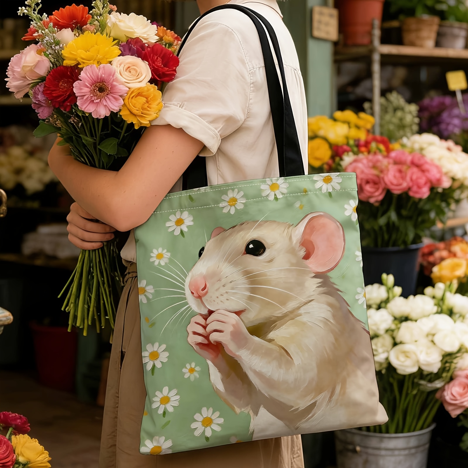 TEMU 1pc Women's Stylish Tote Bag With Cute Rat & Daisies Print - Reusable Suitable For Commuting, Travel, Beach, Shopping, Gift, Casual Shoulder Bag