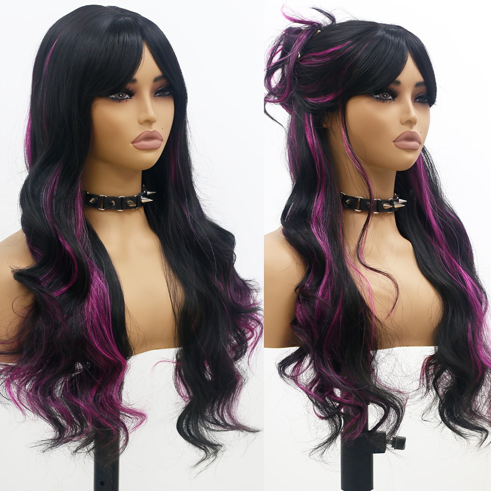 TEMU 26 Inch Long Ombre Purple To Black Wigs With Bangs For Women Long Curly Resistant Fiber Synthetic Purple Mixed Black Wigs For Halloween Daily Use Party Cosplay