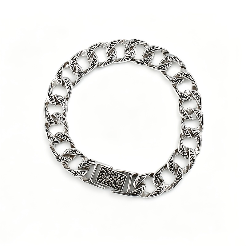 Image of Retro Trendy S925 925 Silver Bracelet, Cuban Chain With Aged Scroll Pattern Carving, Suitable For Daily Wear And Parties, For Friend Gatherings