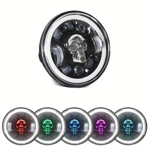 item picture 1pc 5 75 led motorcycle headlight rgc skull pattern with amber drl high beam sealed beam projector for off road motorcycles 12 24v wired vehicle lighting kit vehicle auxiliary light stylish motorcycle accessories sturdy design light