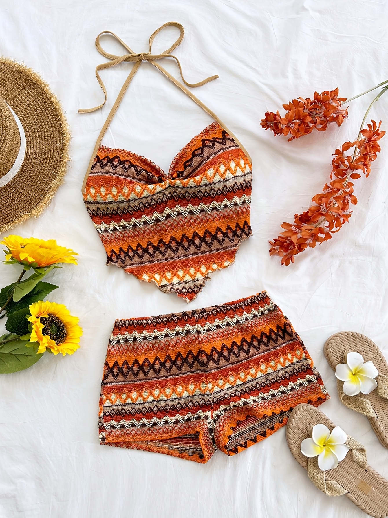 spring summer new casual vacation western beach wedding guest outfit graduation   womens set vest two piece set bohemian two piece set