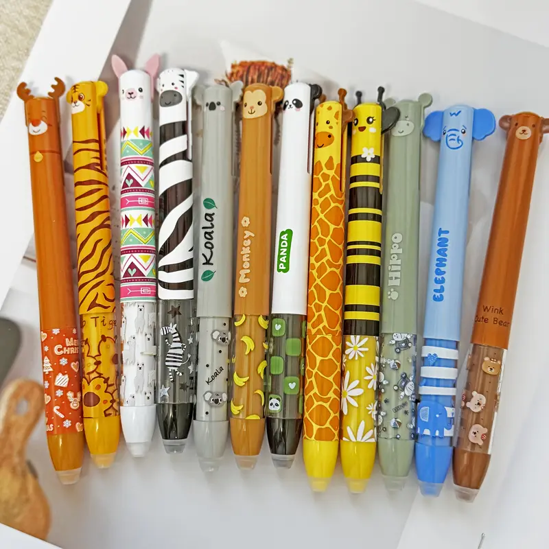 6pcs 12pcs cute zoo theme erasable gel pens two colors blue and red color ink pen with eraser clear double retractable clicks gel pen smooth writing for journaling supplies Product details 0