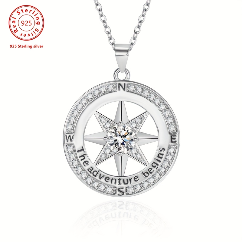 

925 Sterling Silver (including 4g Silver) Inlaid Synthetic Zirconia Compass Necklace Silver Pendant, Valentine's Day Gift To Girlfriend, Gift Box