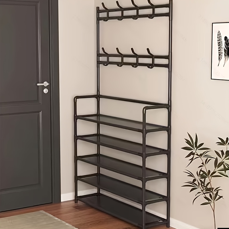 5 tier freestanding coat and shoe rack with 8 hook entryway shelf heavy duty plastic double row shoe organizer suitable for living room bedroom   assembly space saving black furniture