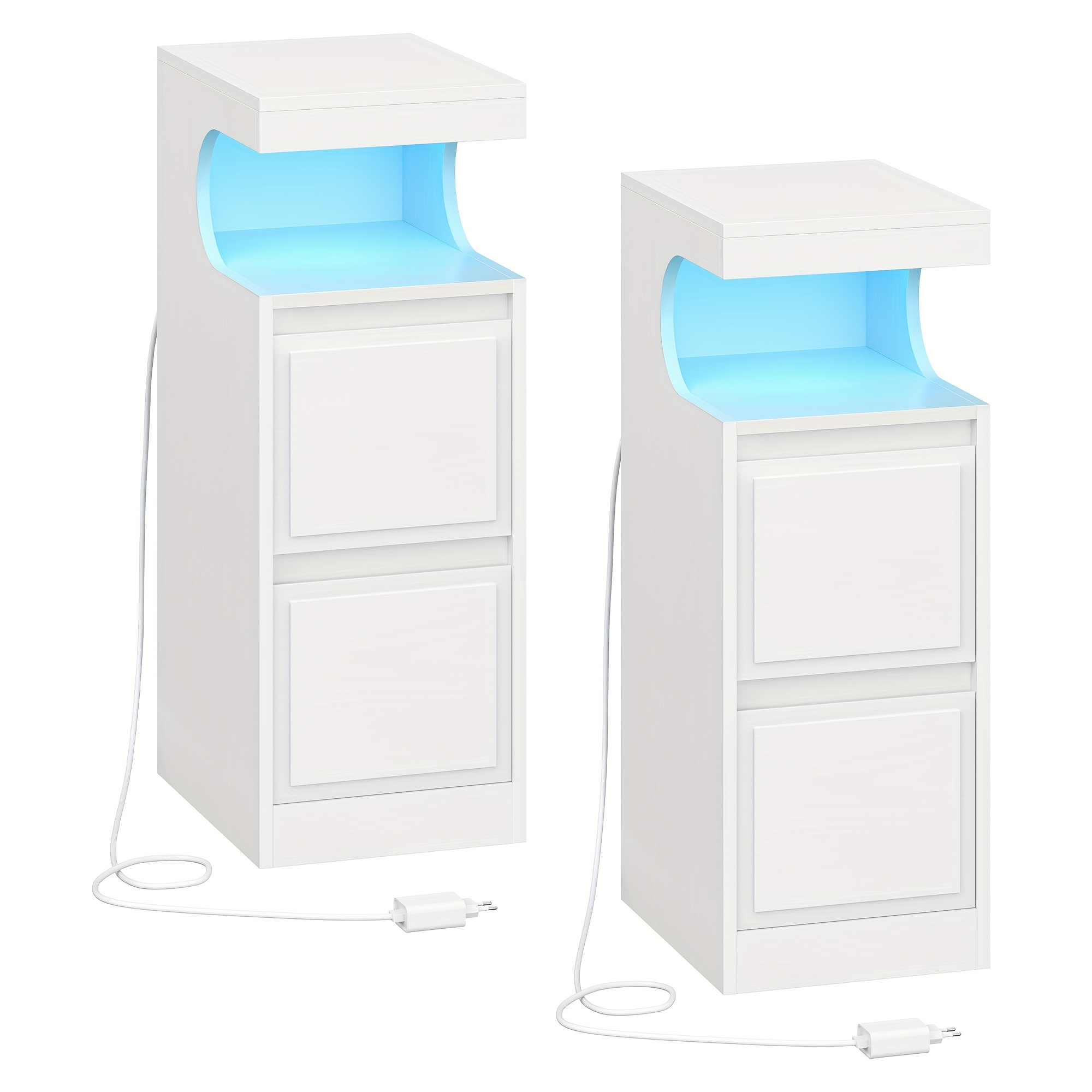 Bedside Table Set Of 2 With Led, Side Table With 2 Drawers, Nightstands With U-shaped Open Compartment, Adjustable Light, For Bedroom, Living Room, 30 X 24 Cm White, Storage Drawer Units