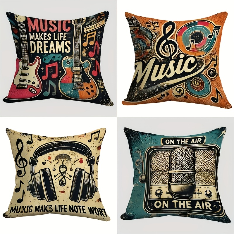 TEMU 4pcs Theme Pillow Covers Suitable For Living Room & Bedroom Decor, Double-sided Covers With Guitar Headphone Microphone Print, Zipper Closure,