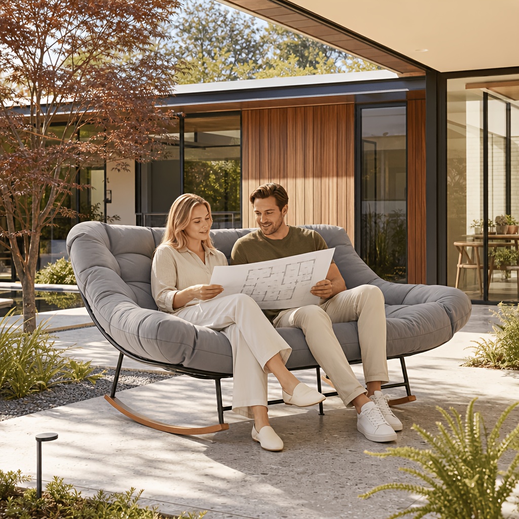 TEMU Outdoor Patio Rocking Chair, Oversized Papasan Rocking Chair For 2 With Sturdy Frame And Thick Cushion, Lounge Chair For Garden, Balcony