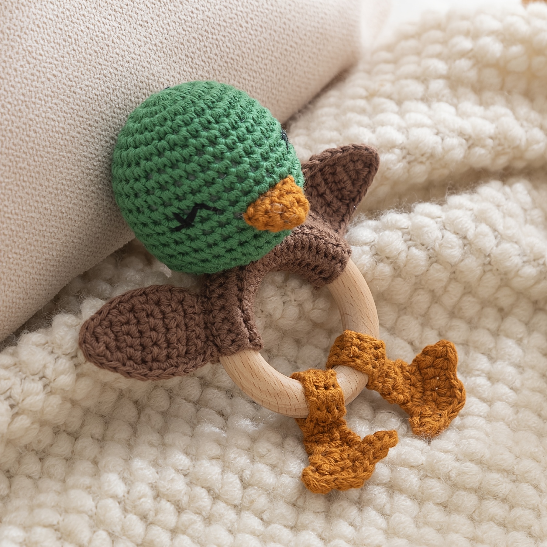 Hand-Woven Green Duck Rattle, Adorable Baby Grasping Toy