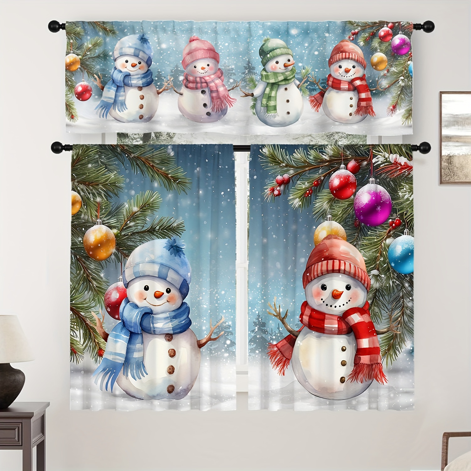 

Cute Christmas Snowman Decorative Curtain - Light-filtering Drape For Kitchen, Living Room, Office & Bedroom - Rod Pocket Design, Peach Skin Velvet, 1pc/2pcs Set