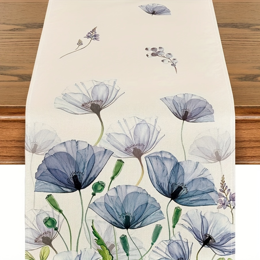 

1pc, Table Runner, Poppy Floral Leaves Table Runner (13''x72''/33cm*183cm), Polyester Summer Theme Dining Decor, Seasonal Home Party Decoration