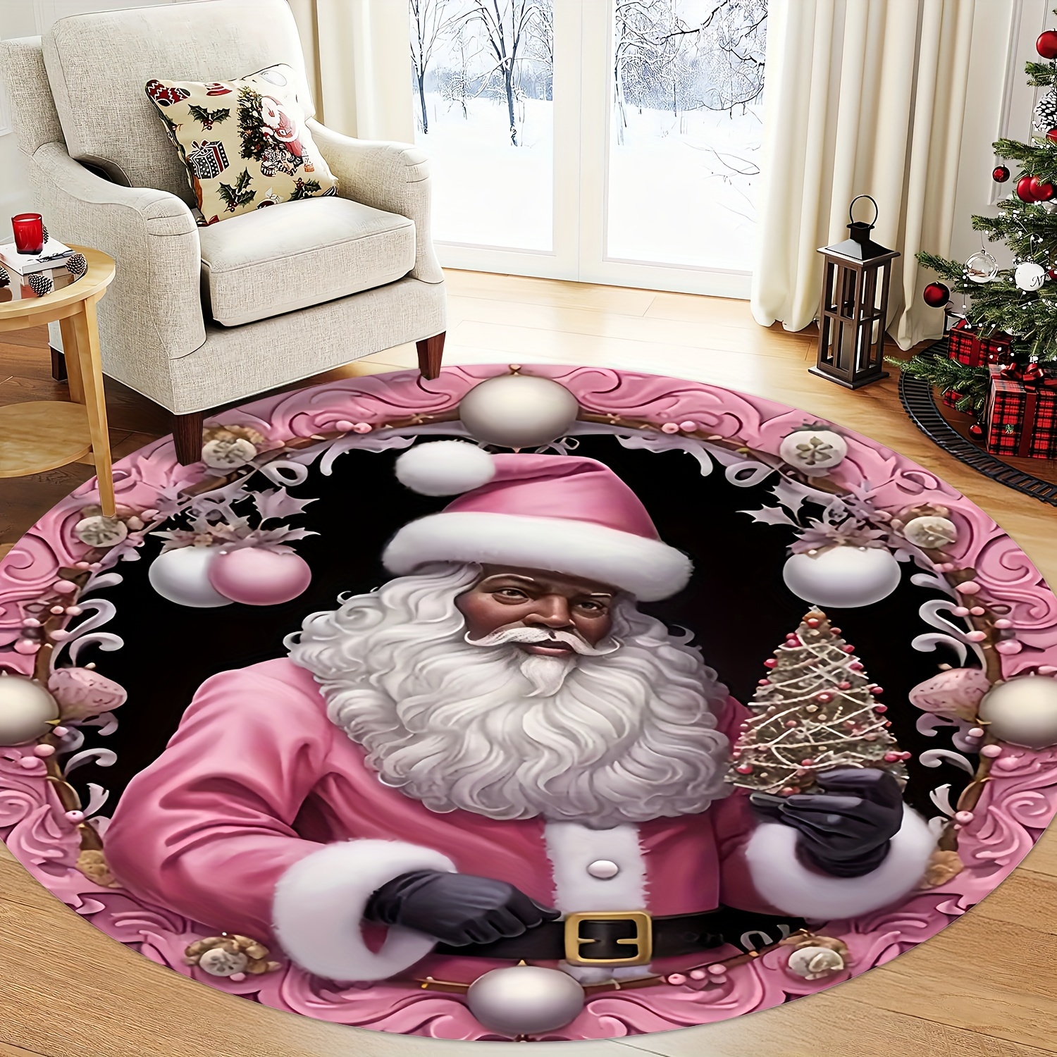 

1pc, Christmas Round Rug, -slip, , -, , Foam, Backing, For , Table, , Entryway, , , , Decor, Polyester, -, , , , Use
