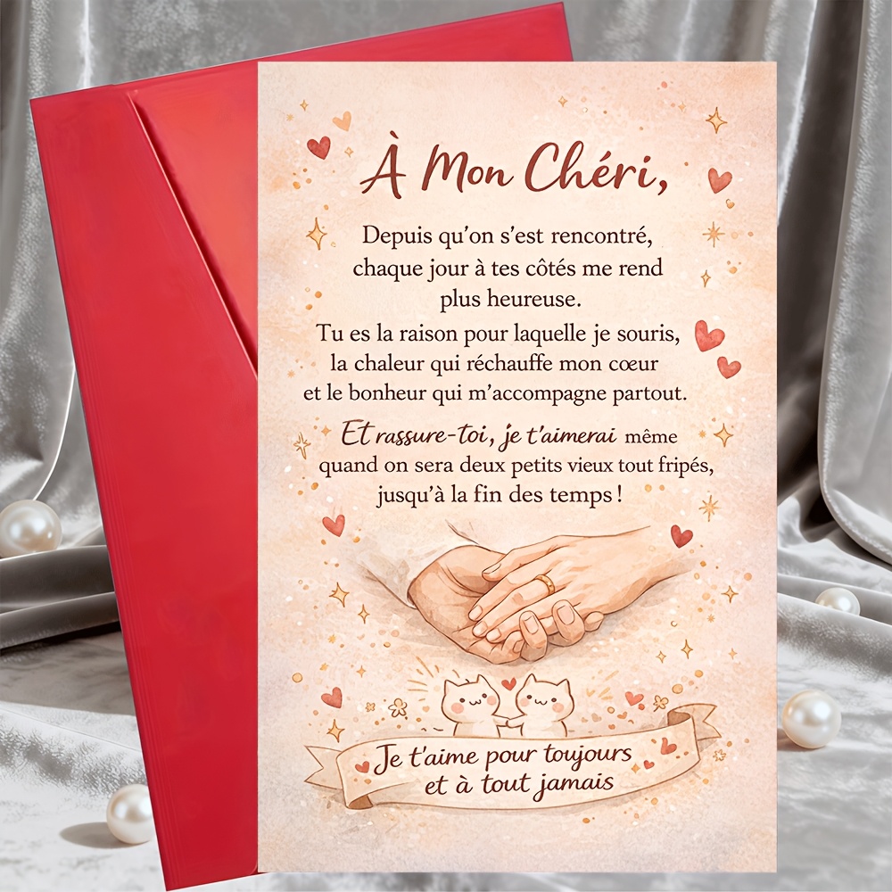 TEMU 1 Carte de vœux + 1 Enveloppe - Carte d'anniversaire pour mari ou petit ami - Thème français - Message doux - Cadeau pour la Saint-Valentin, du