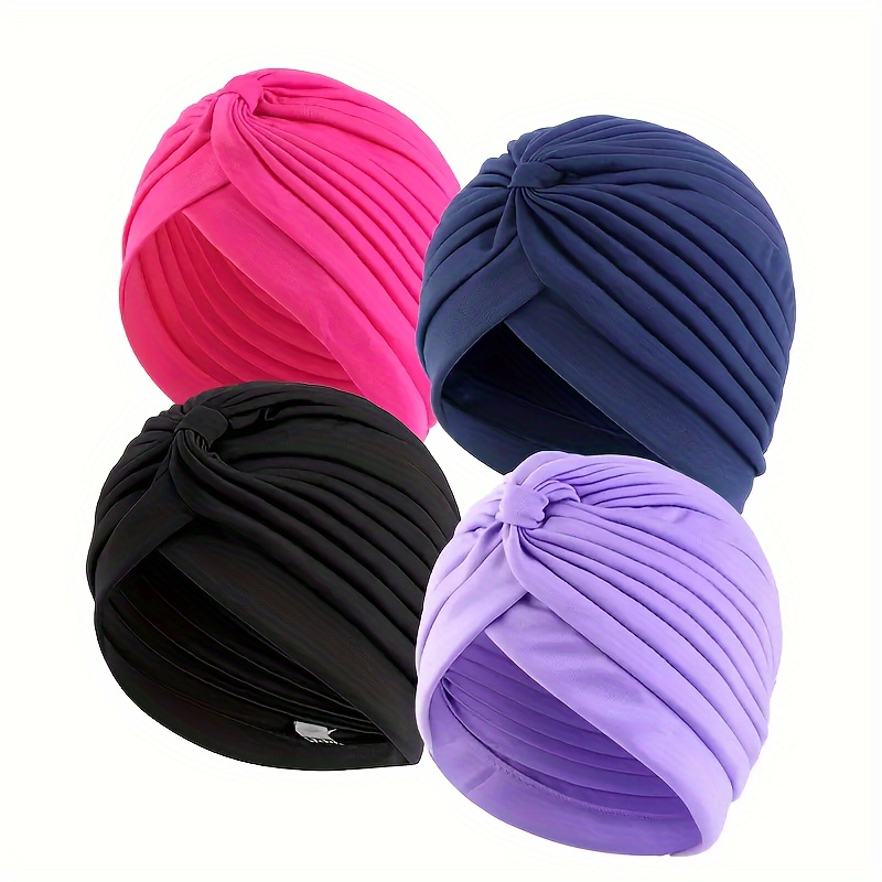 

4pcs Pleated Turban Caps, Beanie Head Wraps, Solid Color Chemo Caps, Stretchy Fashion Head Scarves, Assorted Colors