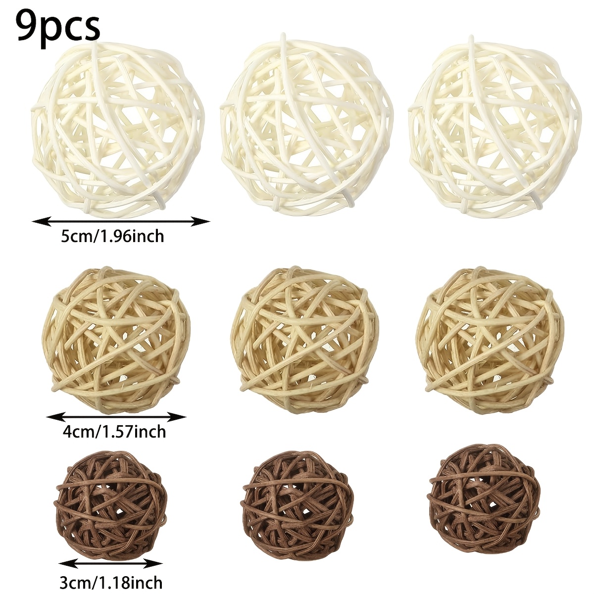 Image of 9-pack Rattan Balls, Natural Woven Sphere Set In Natural, Brown, White Mix, 1.18-2 Inches, For Christmas Wedding Home Diy Decor, Vase Filler, Tabletop Decoration Craft Supplies