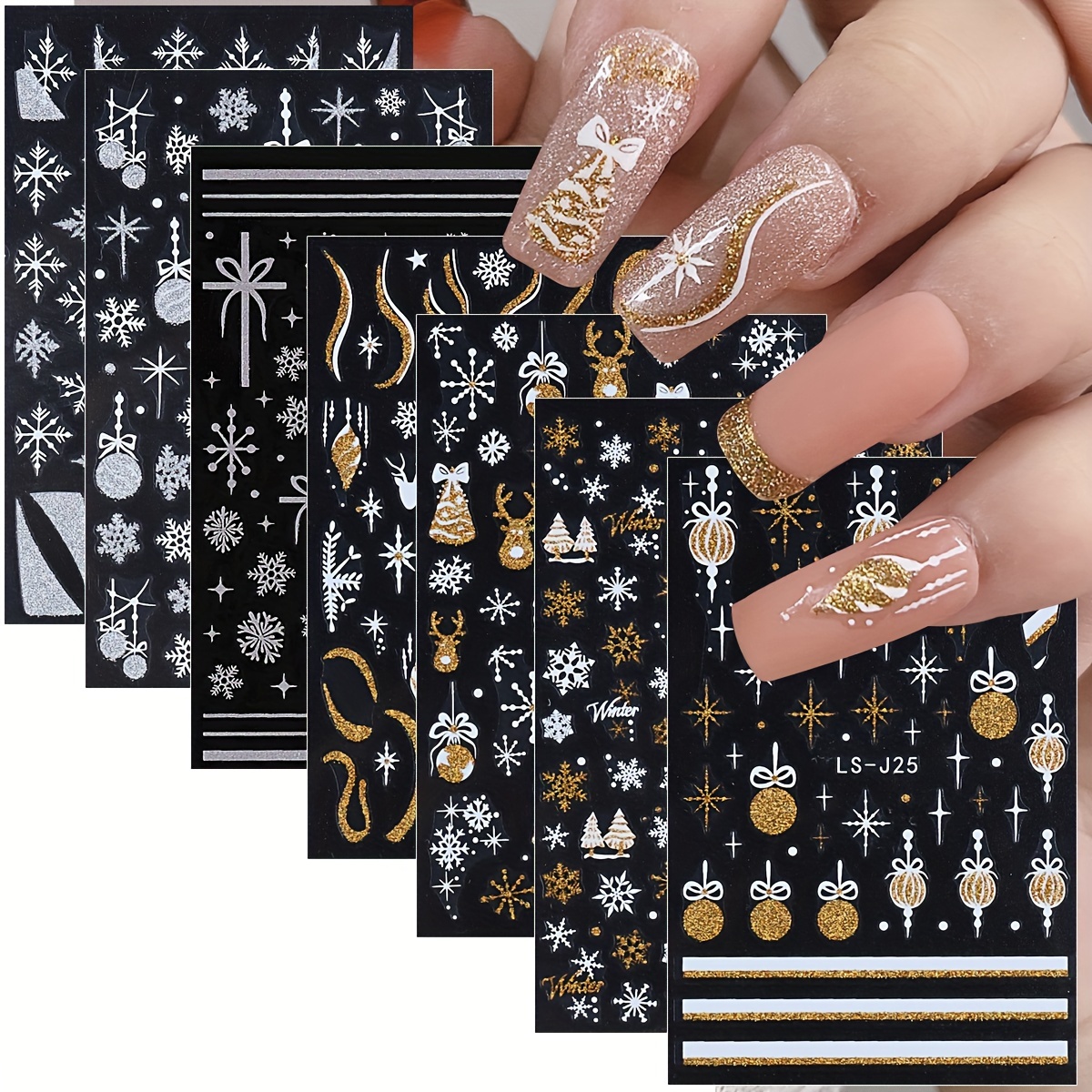 

7-piece 3d Christmas Nail Art Stickers & Decals Set With Snowflake, Bell, And Stripes Patterns - Self-adhesive Plastic Nail Embellishments For Glass Surfaces, Matte Finish, Single Use - Unscented