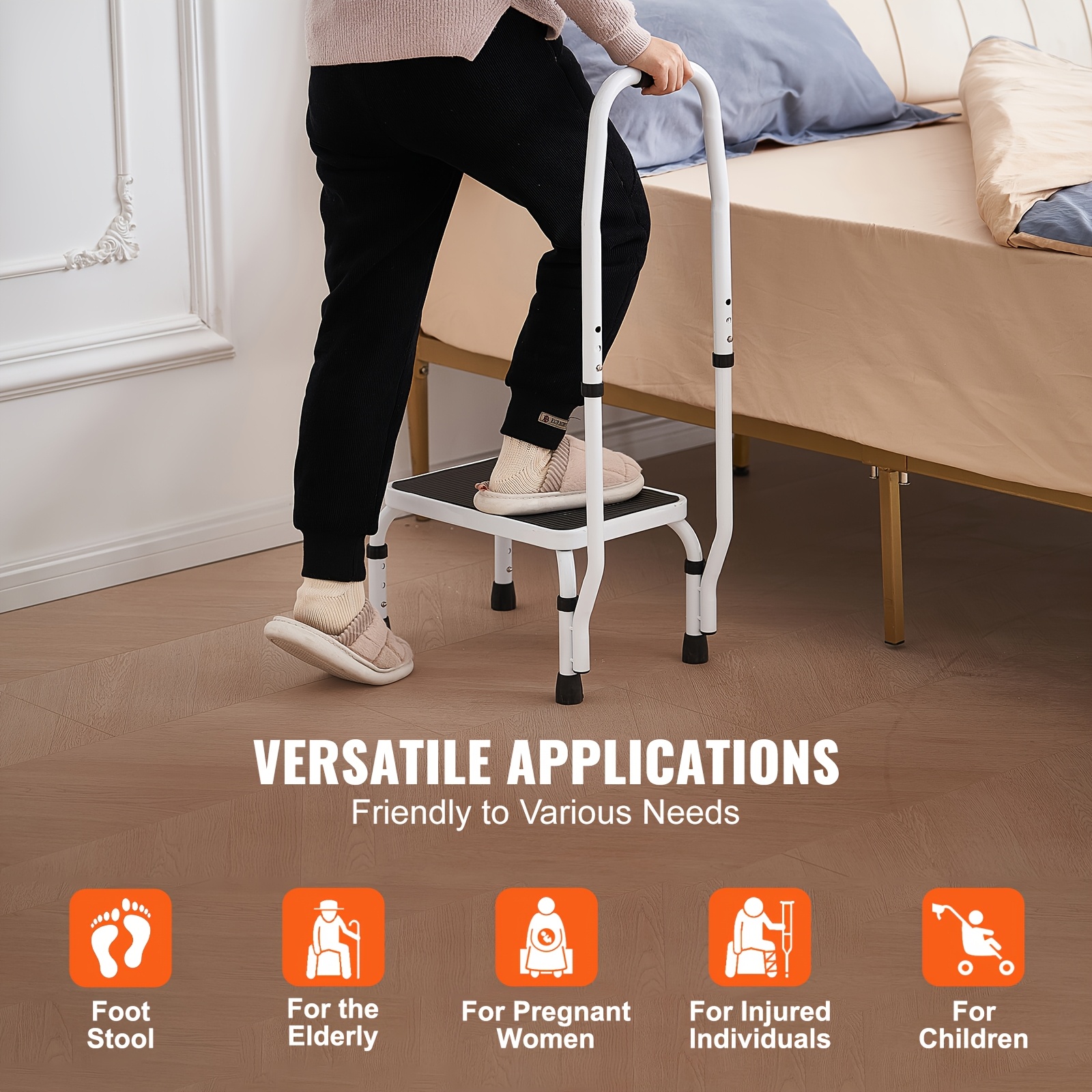 VEVOR Adjustable Height Step Stool with Handle, 330lbs Capacity, Non-Slip Rubber Feet, Sturdy Metal Construction, Portable Design for Home, Office, RVs, and Pets
