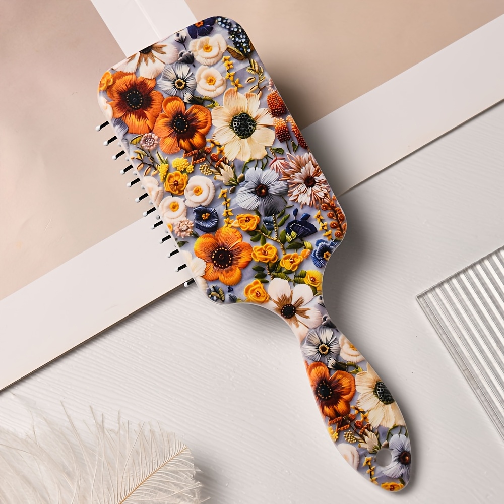 TEMU 1pc Vintage Floral & Pattern Air Cushion Hair Comb - Large Nylon Detangling Brush For Normal & Long Hair, Lightweight Abs Plastic Handle,