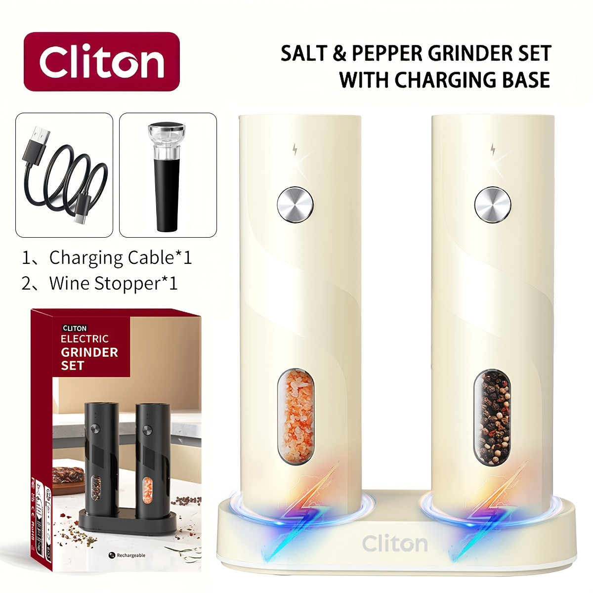 TEMU Cliton Rechargeable Electric Salt And Pepper Grinder Set, Usb-c Automatic With Led Light & Adjustable Coarseness, 1 Hand Operation Seasoning