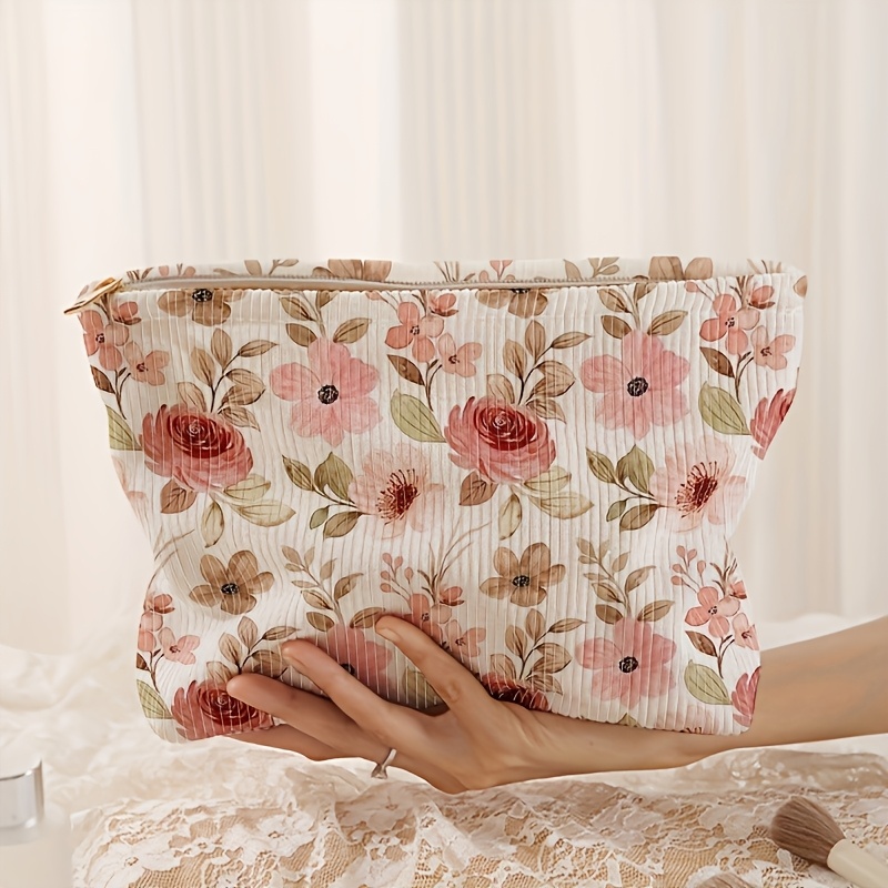 TEMU Corduroy Women's Makeup Bag Pink Floral Travel Essential Portable Wash Bag Large Capacity Zipper Storage Bag Suitable As A Gift